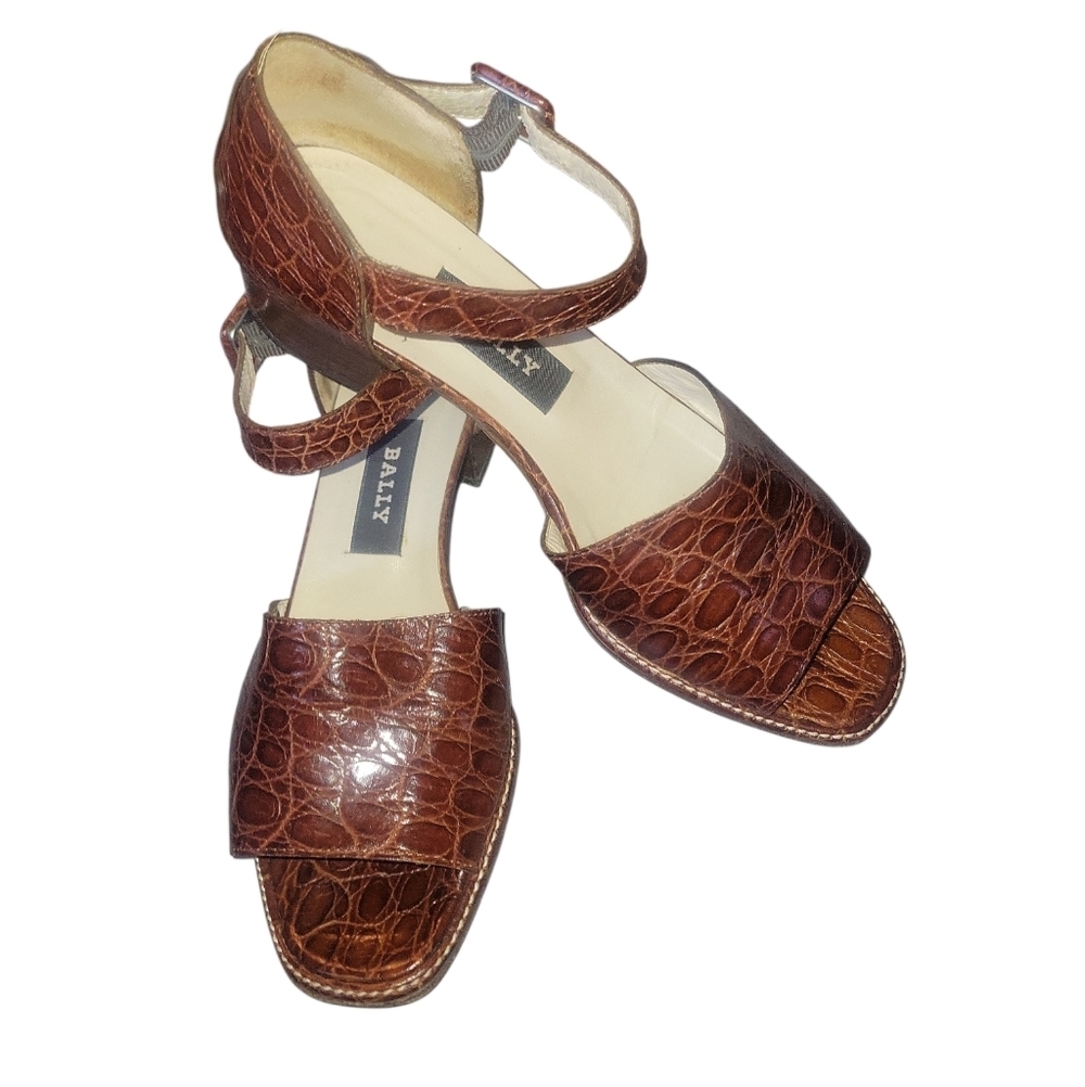 Bally Women's Brown Leather Slingback Open Toe Italy Alligator Embossed Sz 5 - Picture 2 of 9